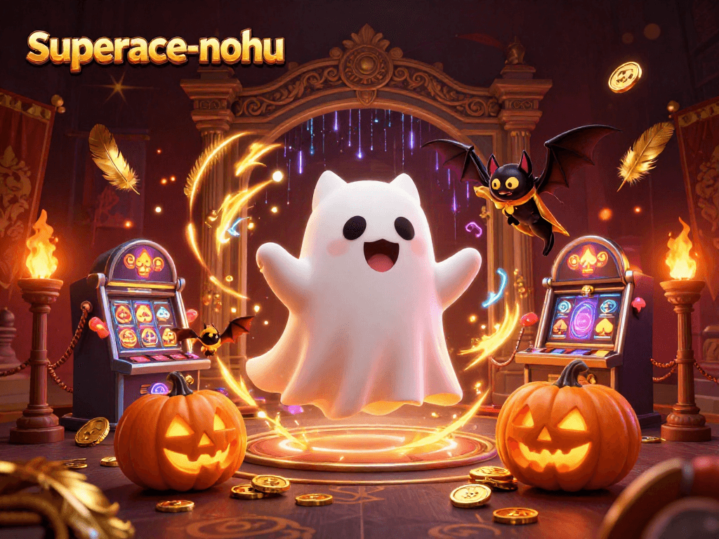 Engage with superace-nohu, as a ghost cat and bat explore a haunted casino filled with vibrant game elements.