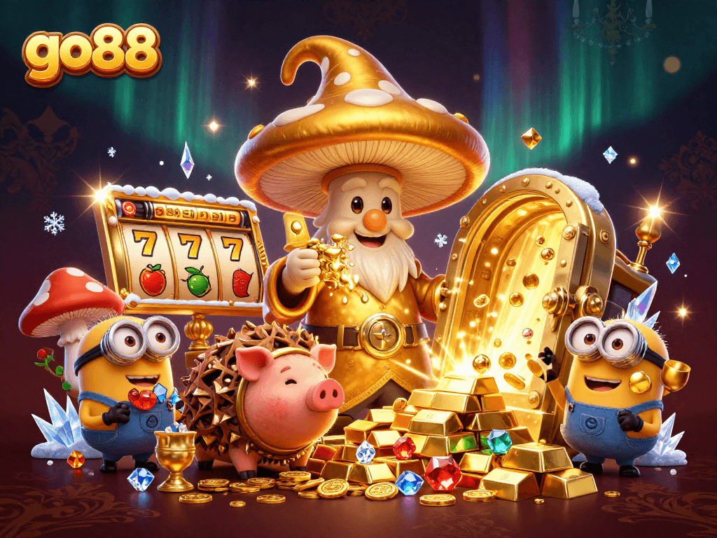 Engage with go88's vibrant casino scene showcasing golden treasures and thrilling slot action.