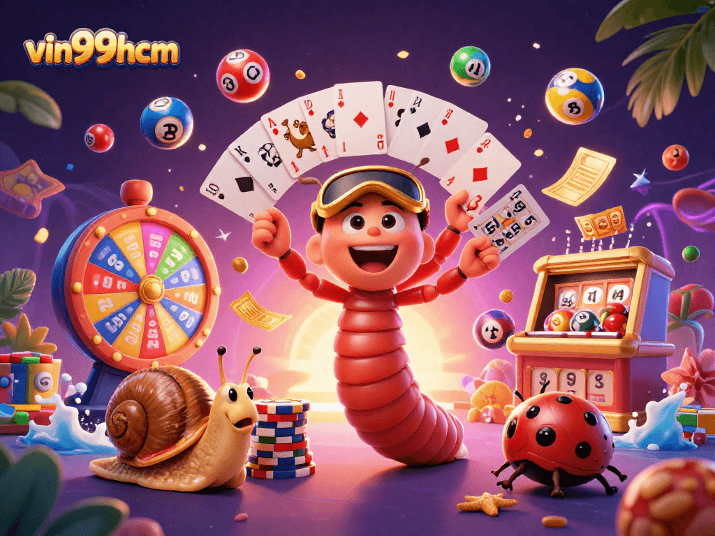 Experience thrilling moments at vin99hcm with a cartoon millipede dealer showcasing vibrant lottery and casino elements.