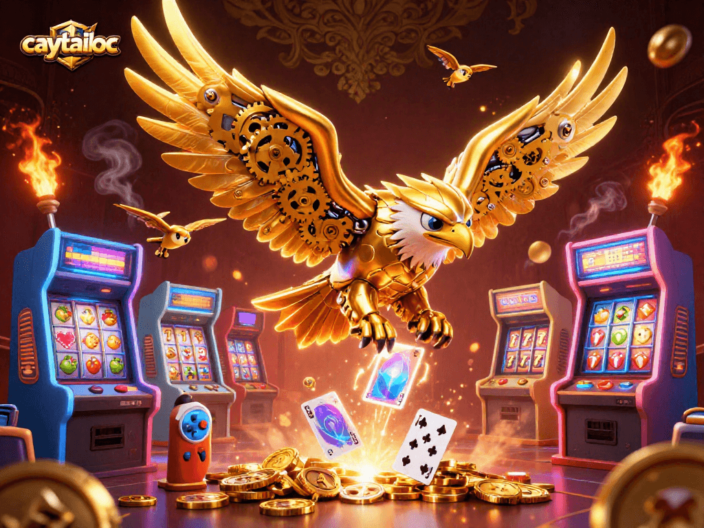 Engage with caytailoc's thrilling slots gameplay featuring a diving golden eagle amidst vibrant casino elements.