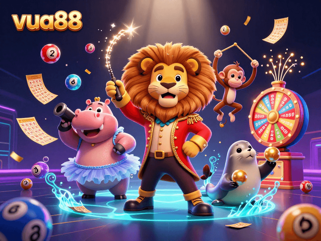 Experience the excitement of gambling with vua88 in a vibrant circus-themed digital illustration.