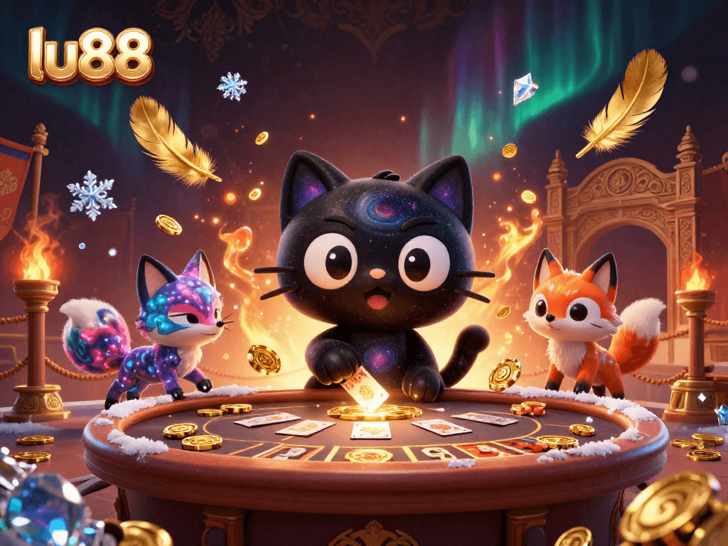 Engage in thrilling gaming with lu88, featuring a cosmic casino table and dynamic characters.