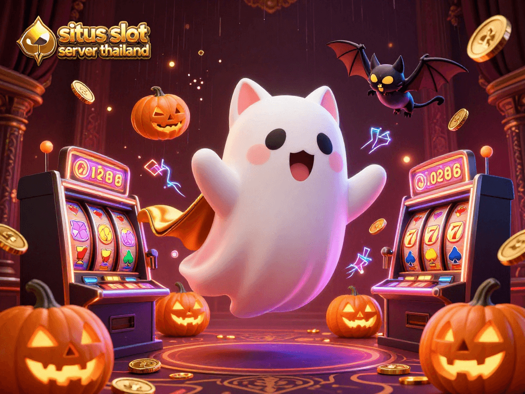 Engage with situs slot server thailand featuring lively slot reels and a fun ghost cat in a haunted casino.