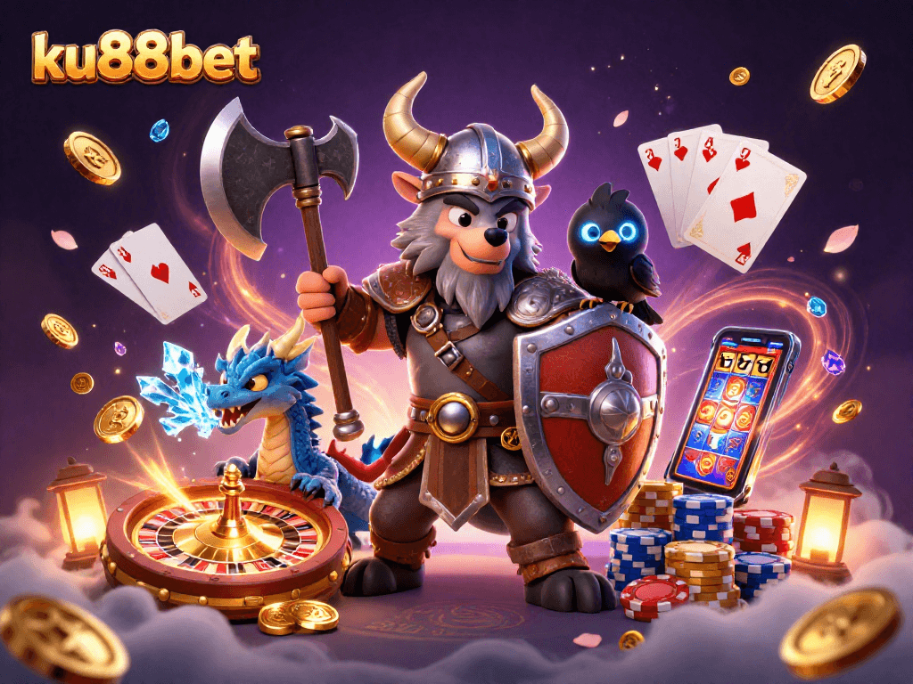 Experience thrilling action at ku88bet with a Viking warrior, dragon, and casino elements!
