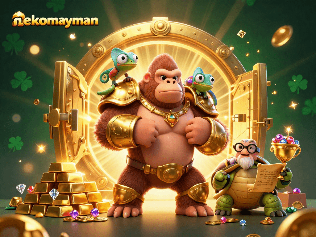 Win big with nekomayman in this immersive 3D casino scene showcasing vibrant characters and treasures.