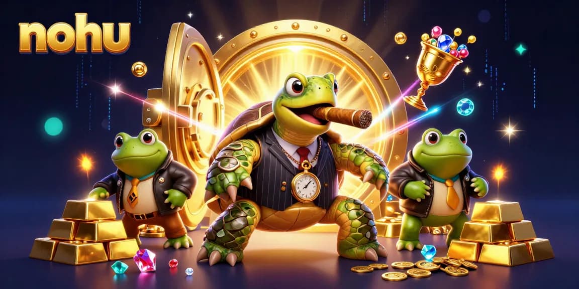 NoHU's thrilling 3D casino scene featuring a mobster snapping turtle and bullfrog enforcers amid treasures.