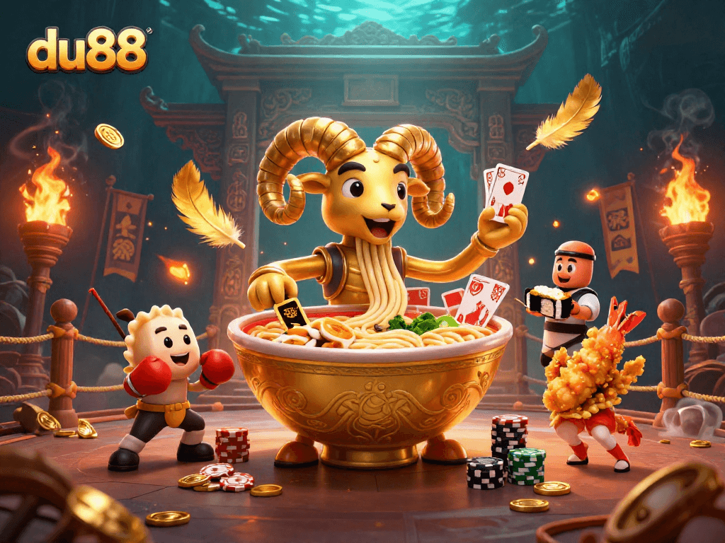 Engage with du88's thrilling gameplay as a giant ramen bowl deals cards in a vibrant casino scene.