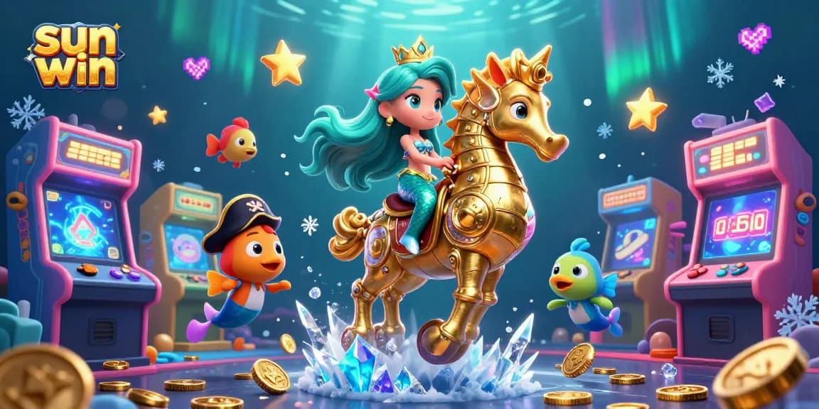 Experience thrilling gaming with sun win's vibrant 3D underwater casino scene featuring enchanting characters and colorful arcade machines.