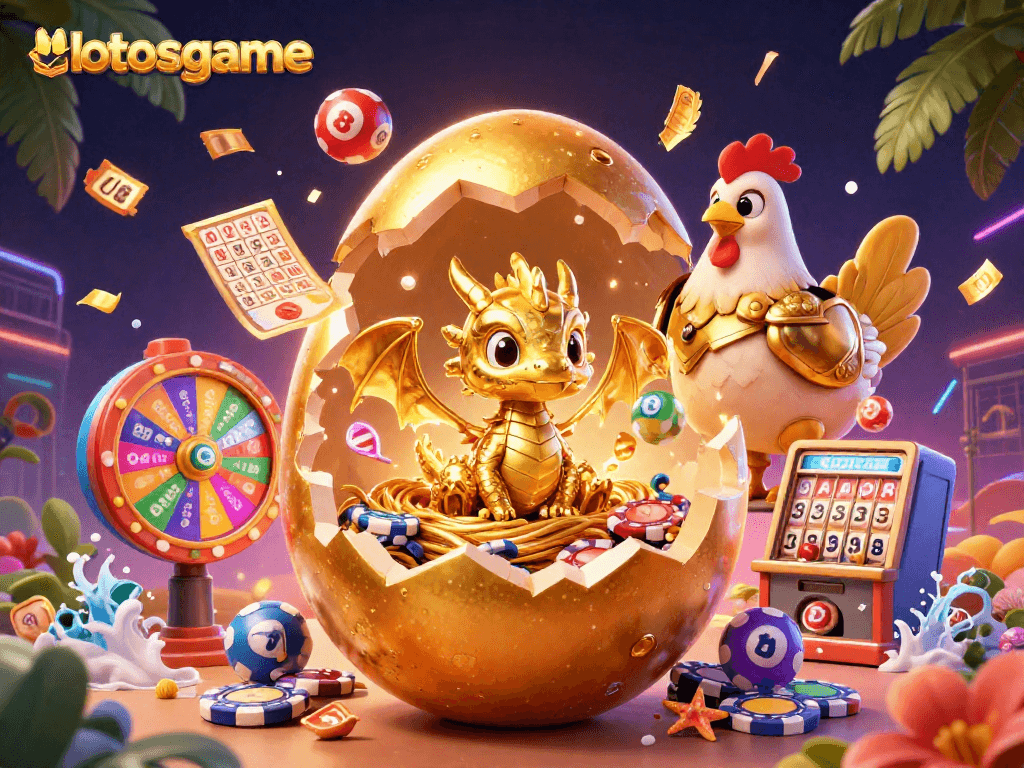 Engage in exciting gaming action with lotosgame's vibrant casino scene featuring golden elements and dynamic lottery items.