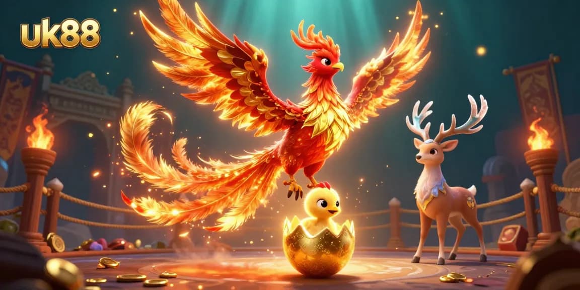 Bet on excitement with uk88 at a vibrant casino scene showcasing a phoenix and mystical stag.