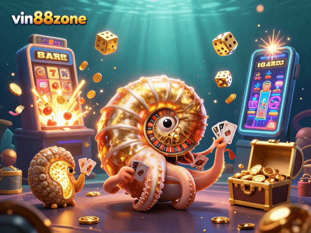Experience the excitement of vin88zone with a thrilling casino adventure illustration featuring slots, cards, and treasures.