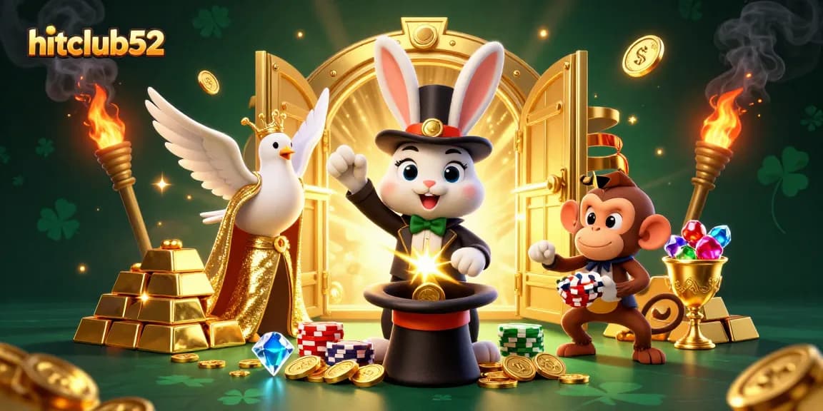 Win big with hitclub52 as a magician rabbit pulls in golden coins amidst dazzling casino elements.