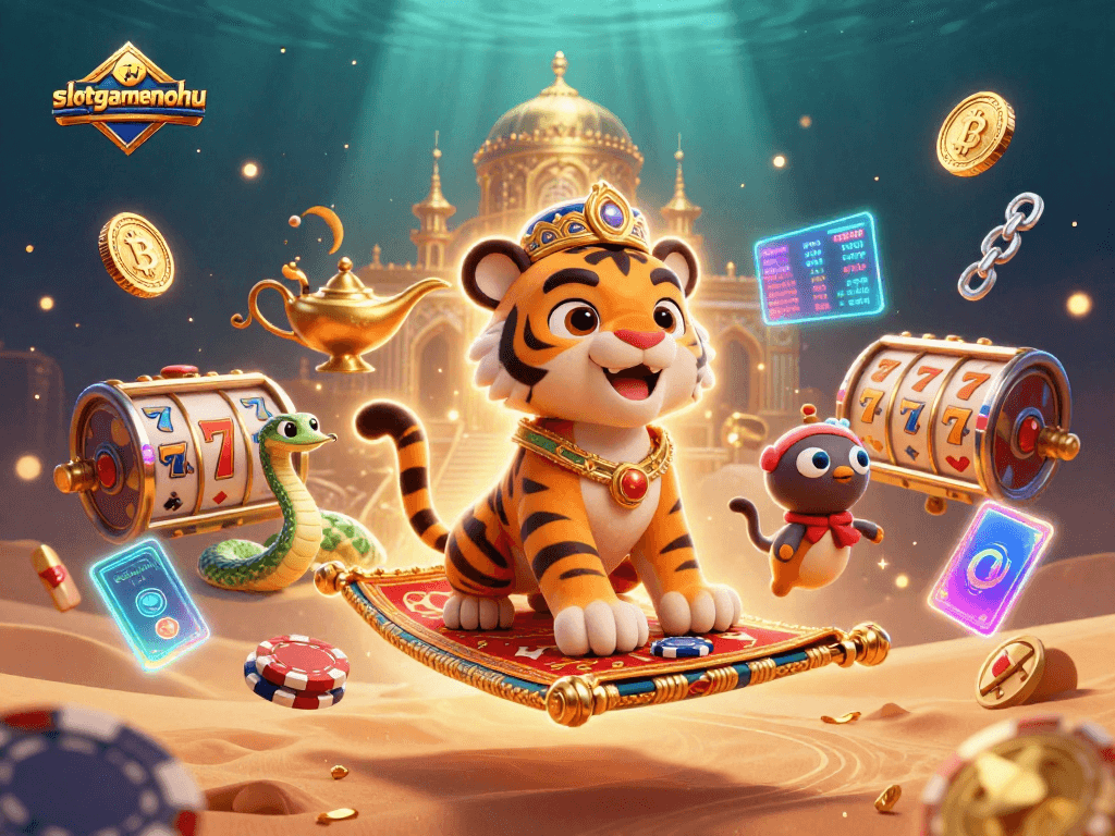 Play exciting games at slotgamenohu, featuring a vibrant illustration of jackpot fun and thrilling casino elements.