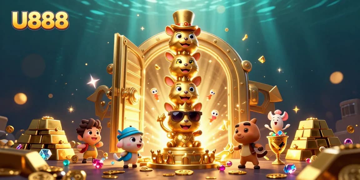Experience thrilling gaming adventures with U888's vibrant 3D totem and treasure scene.