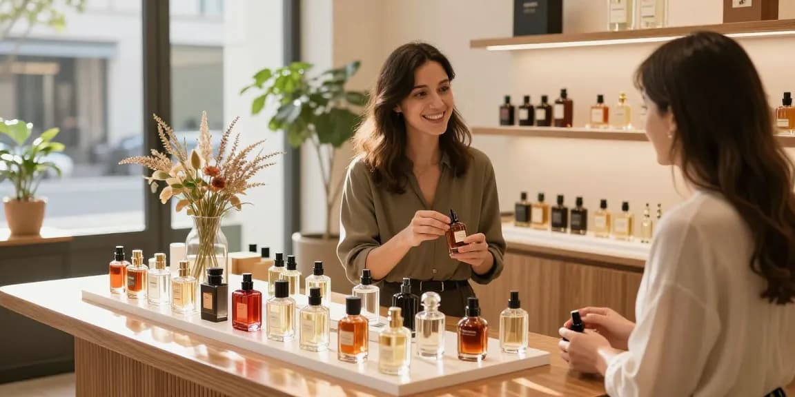 Natural perfumes elegantly displayed in a chic boutique, showcasing vibrant fragrance bottles.