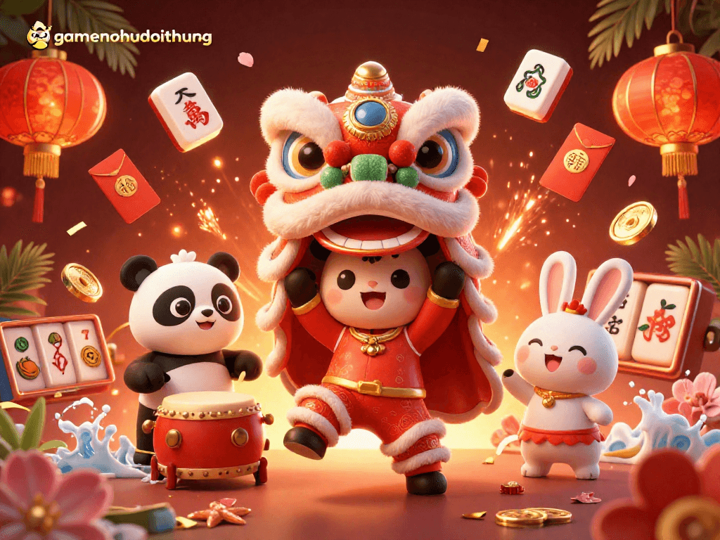 Engage in thrilling action with gamenohudoithuong, showcasing a vibrant lion dance amid slot reels and festive decorations.