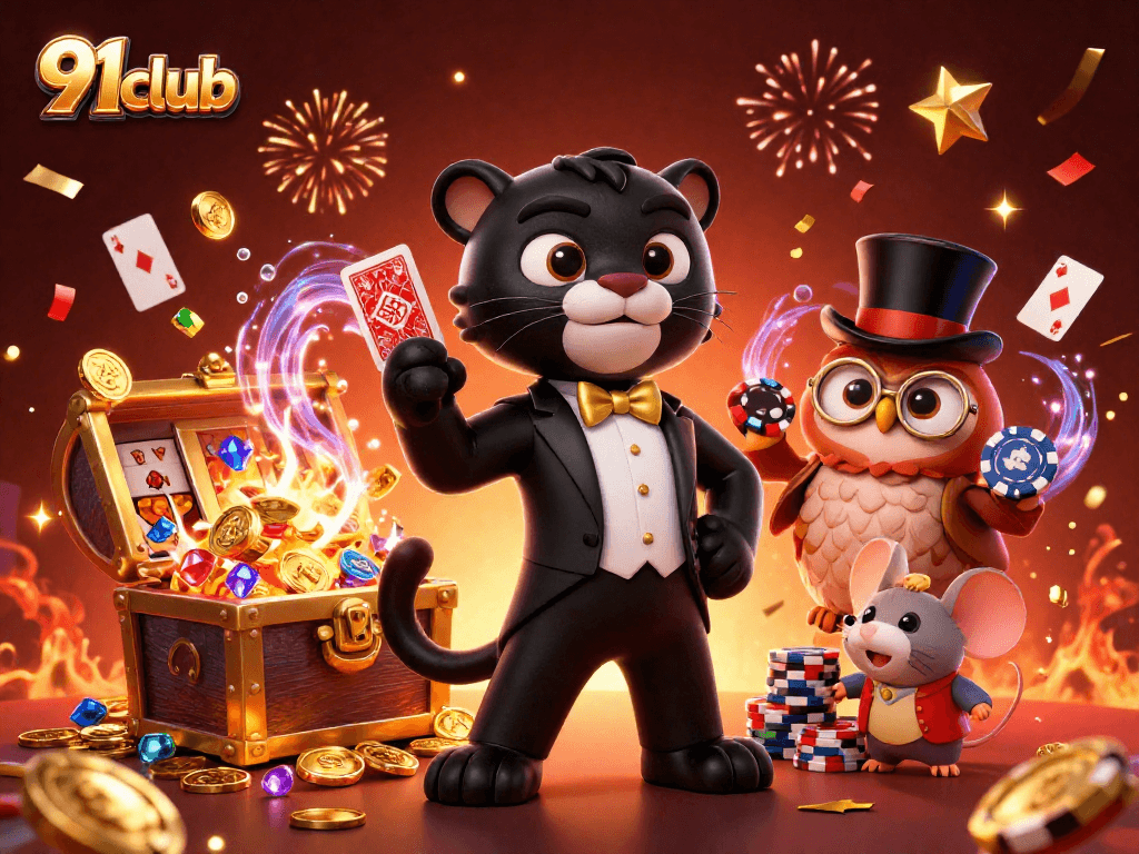 Engage in thrilling gameplay with 91club featuring a stylish 3D panther and vibrant casino elements.