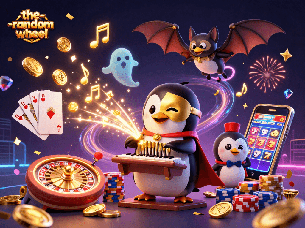The-random-wheel showcases a captivating casino scene with golden coins, a penguin organist, and vibrant gameplay elements.