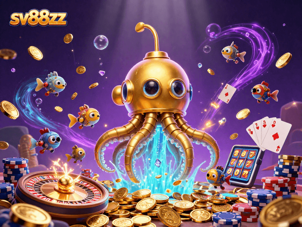 Engage with sv88zz's vibrant 3D illustration of a golden kraken and casino elements.
