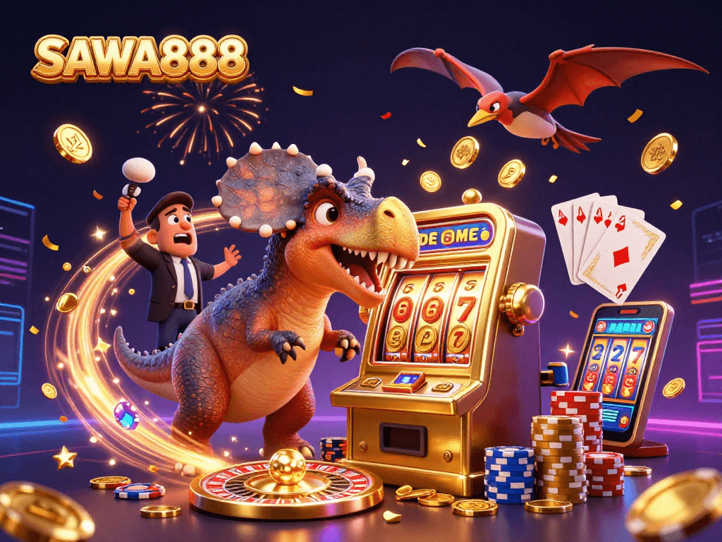 SAWA888 showcases a dynamic 3D scene with cartoon dinosaurs engaging with a jackpot slot machine, capturing the excitement of casino gaming.