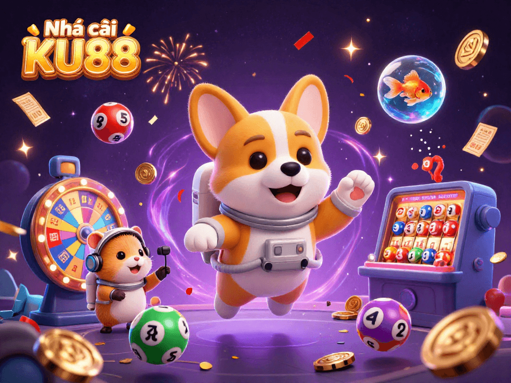 Join the fun at Nhà cái KU88 with a colorful casino scene featuring floating characters and game elements!