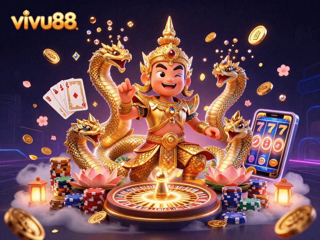 Experience exciting casino action with vivu88's vibrant elements and golden riches in this immersive digital 3D illustration.