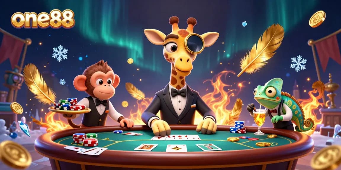 Experience thrilling poker action with one88 featuring playful characters in a vibrant casino scene.