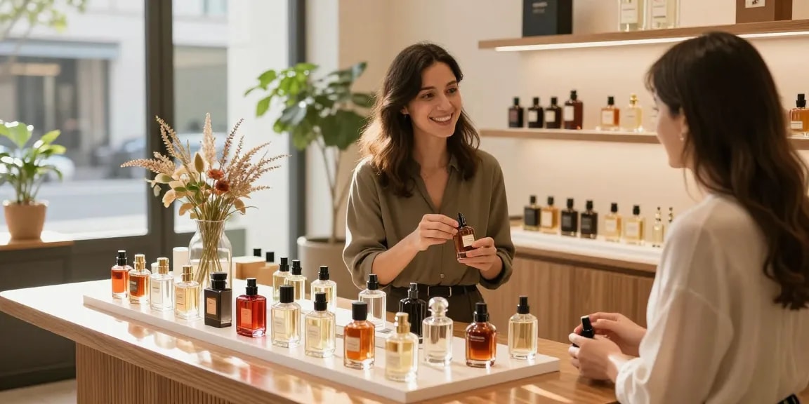 Natural perfumes elegantly displayed in a chic boutique, showcasing vibrant fragrance bottles.