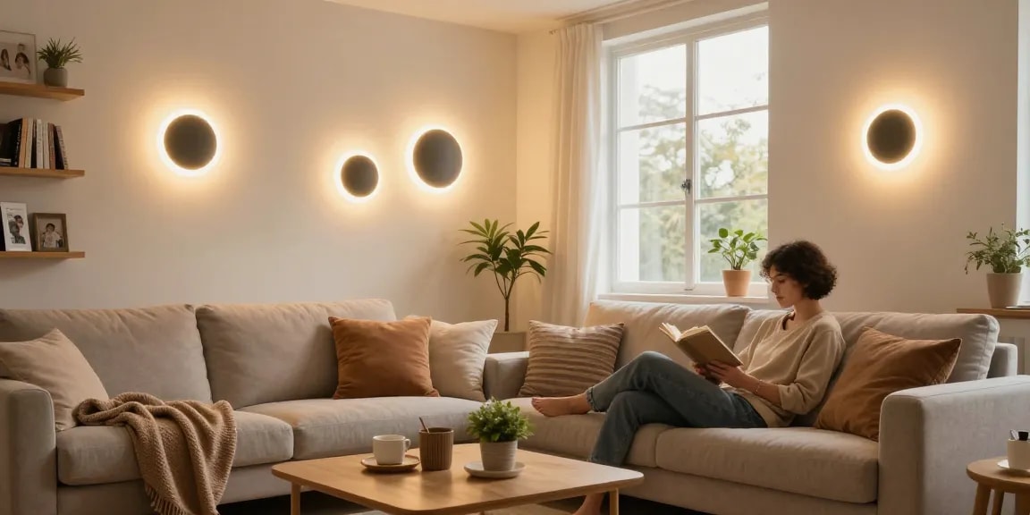 Aplice LED moderne de perete iluminând un living confortabil, creând o atmosferă călduroasă și primitoare.
