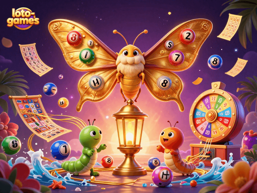 Experience excitement at loto-games with colorful lottery elements and a magical backdrop.