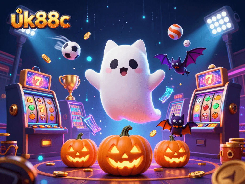 Engage with thrilling uk88c casino games featuring a glowing ghost cat and vibrant slot elements.