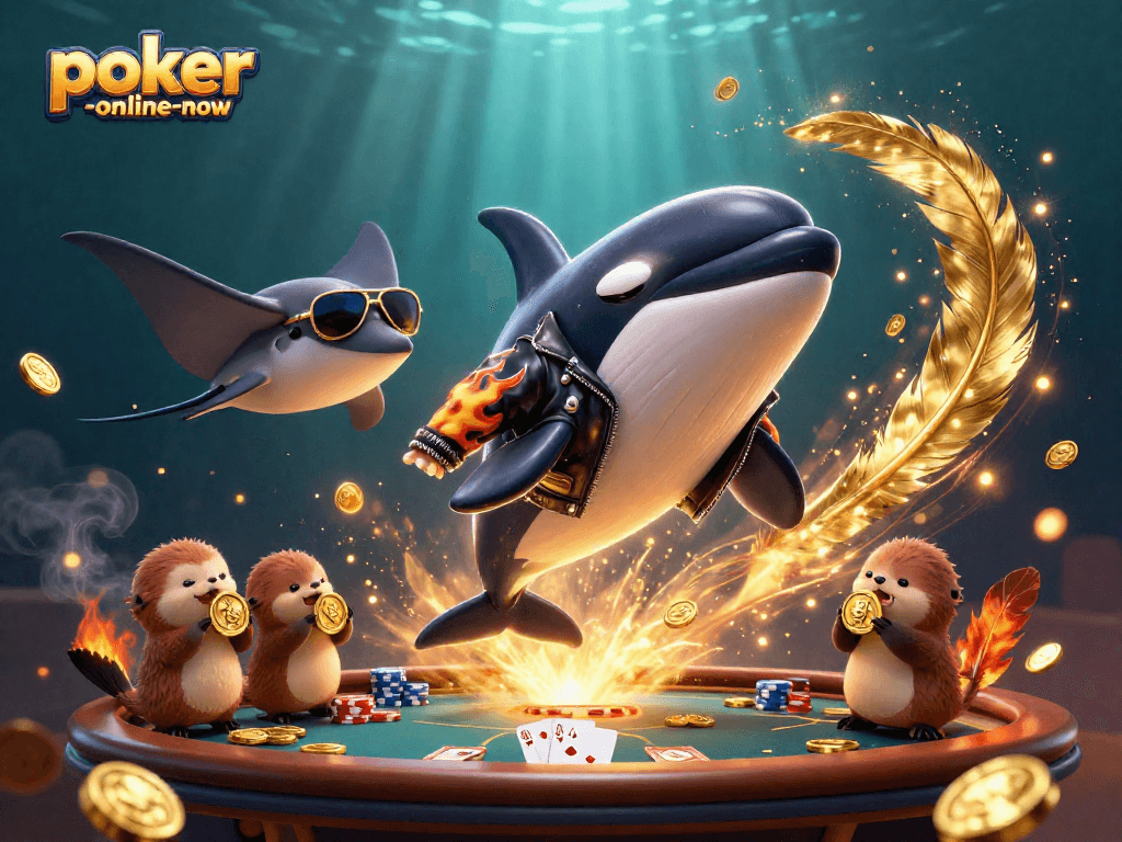 Experience poker excitement with an illustrative scene showcasing poker-online-now featuring a playful orca and otters.