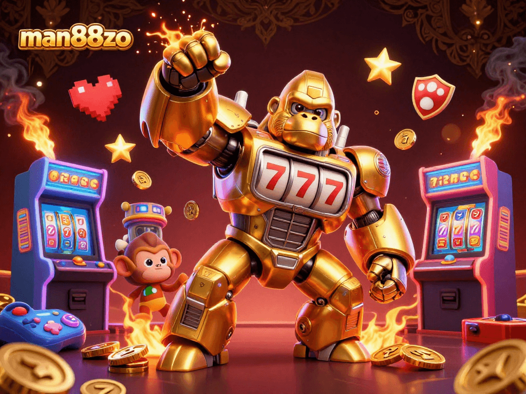 Experience excitement with man88zo as the golden gorilla mech celebrates big wins in a colorful casino atmosphere.