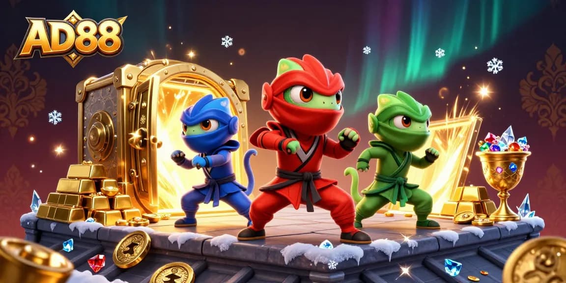 AD88 showcases a team of chameleon ninjas performing martial arts among gold vaults and treasures.