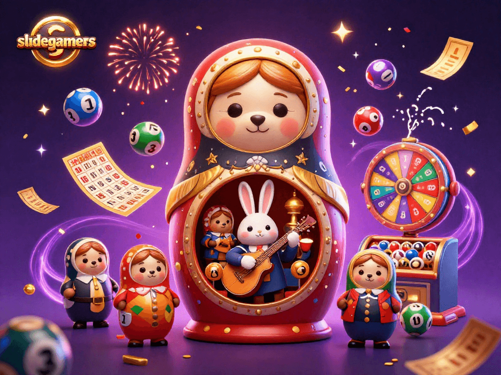 Experience thrill with slidegamers as cartoon Matryoshka bears showcase lively gambling elements.