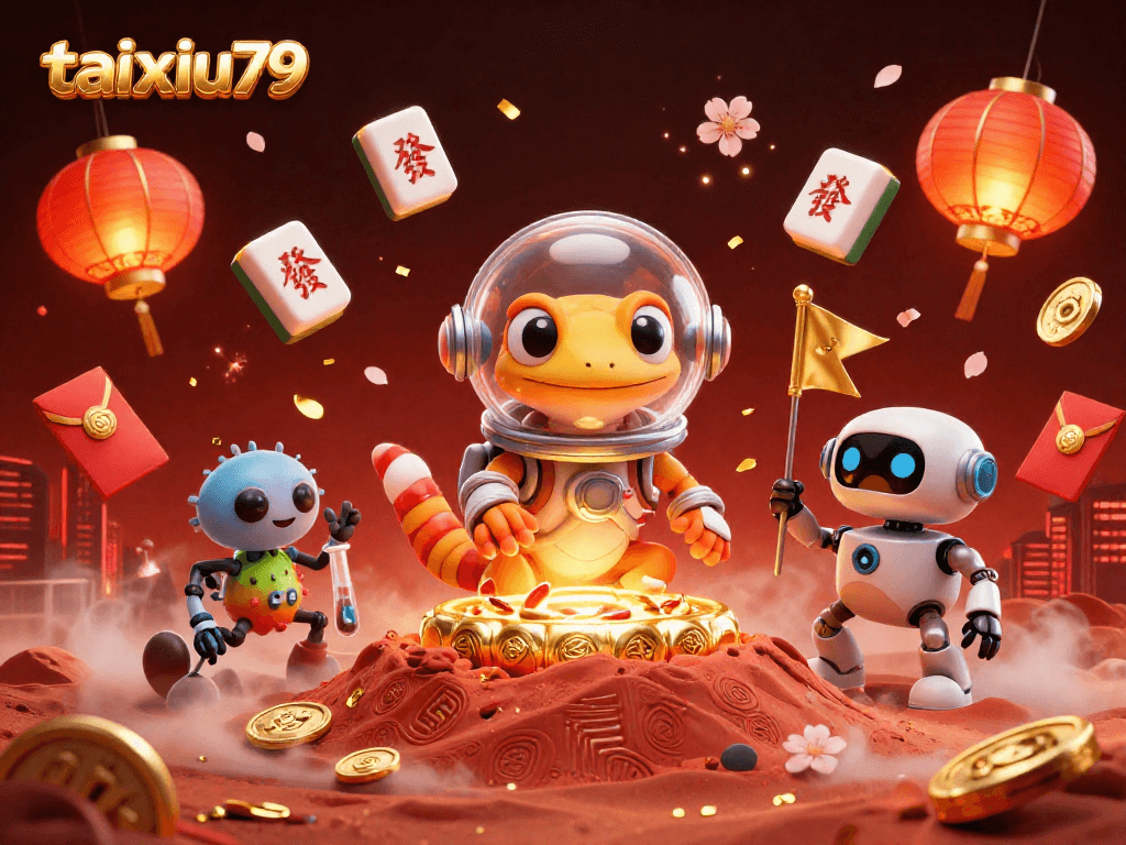 Engage with taixiu79, a vibrant Martian casino scene featuring dynamic game elements and playful characters.