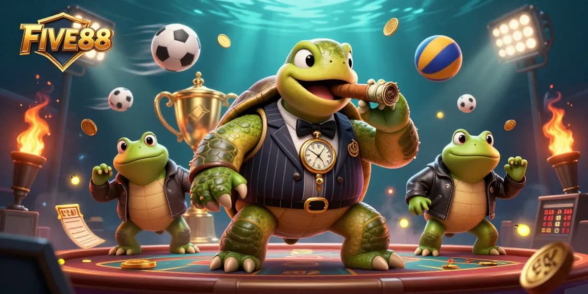 Experience the thrill of FIVE88: vibrant casino scene with animated characters and dynamic game elements.