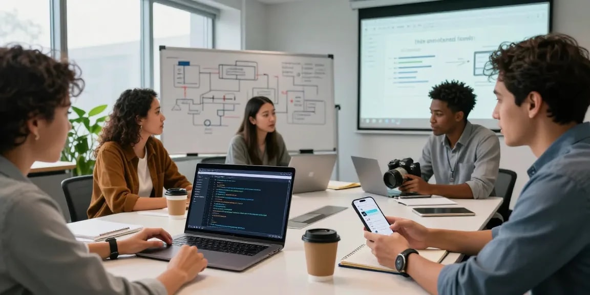 Collaborative teamwork in a modern office building internal tools with AI using laptops and whiteboards.