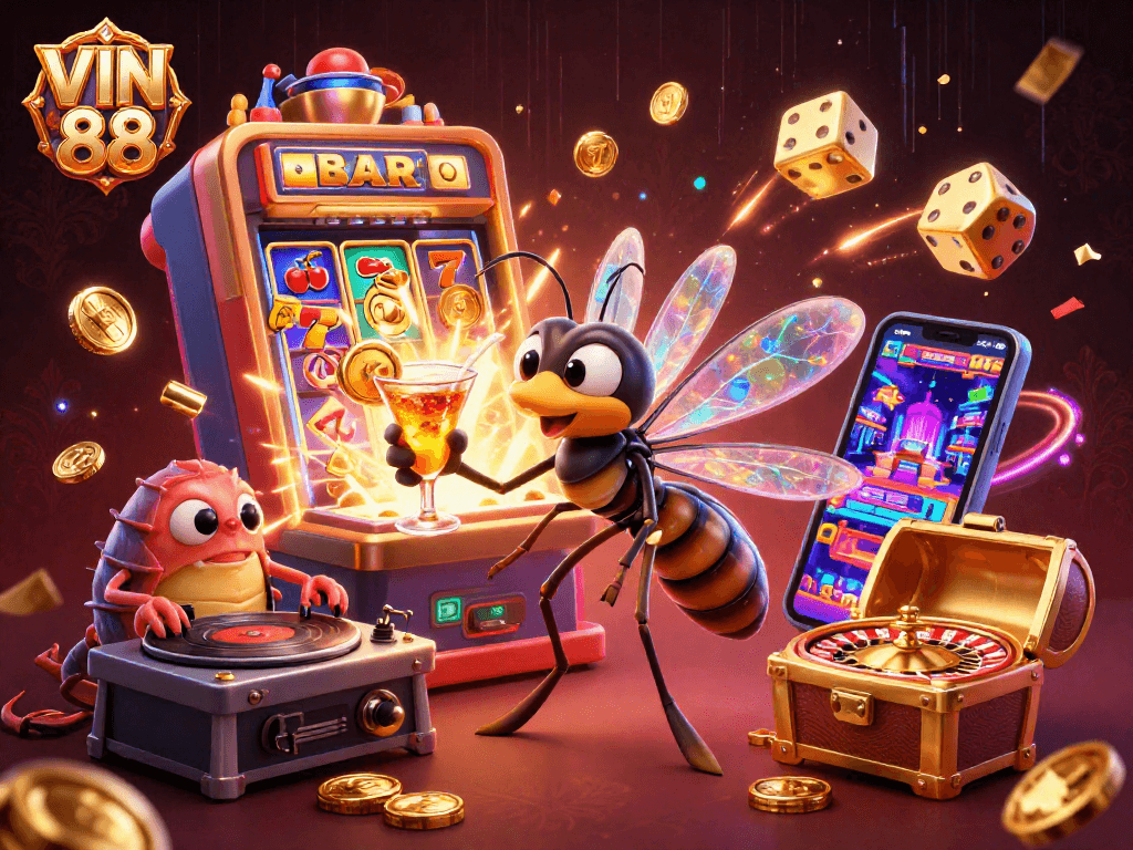 Experience the thrill of VIN 88 with a dynamic casino scene featuring unique characters and exciting gaming elements.