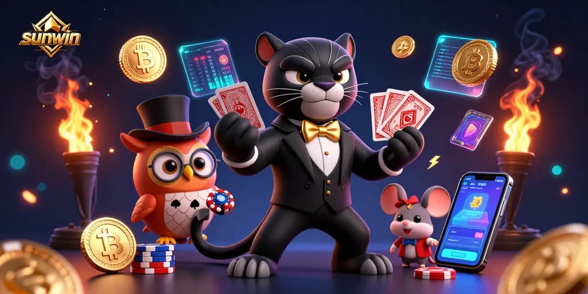 Experience exciting gameplay with sunwin as a panther deals cards with crypto coins and vibrant poker accessories.