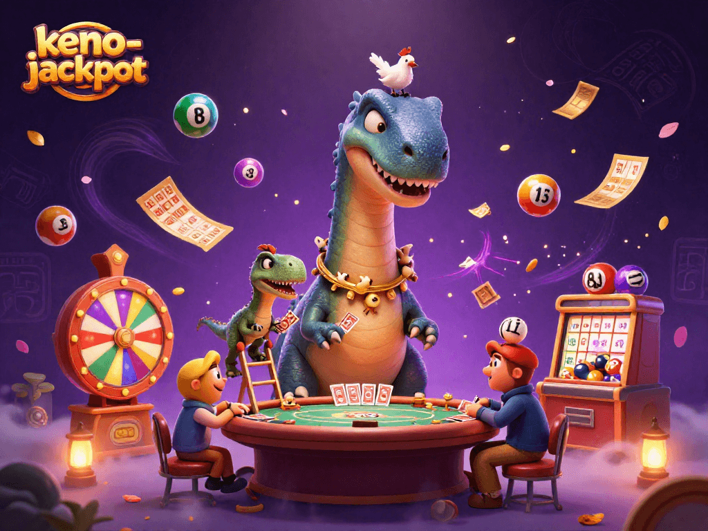 Win exciting keno-jackpot prizes with a dynamic 3D casino illustration full of vibrant elements.