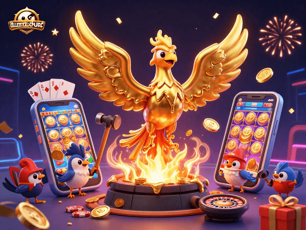 Experience duongmatchuoc's dynamic gameplay with a golden phoenix emerging from a forge, surrounded by casinos elements.