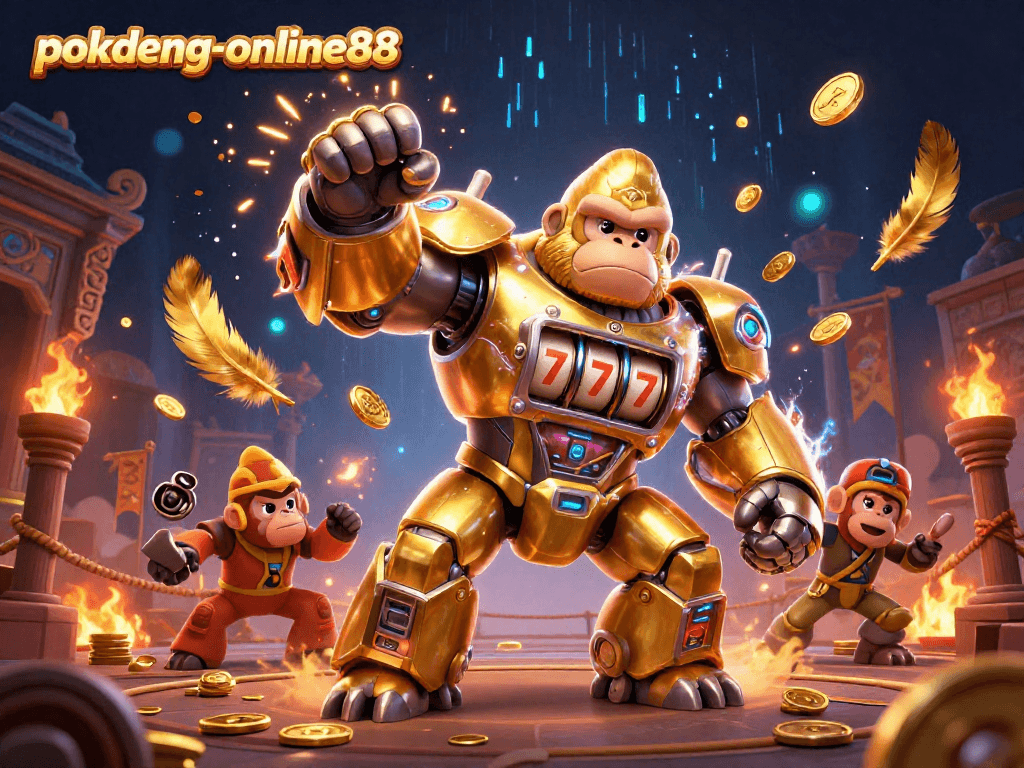 Engage in thrilling Pok Deng action with pokdeng-online88 featuring a golden gorilla mech and dynamic gameplay elements.