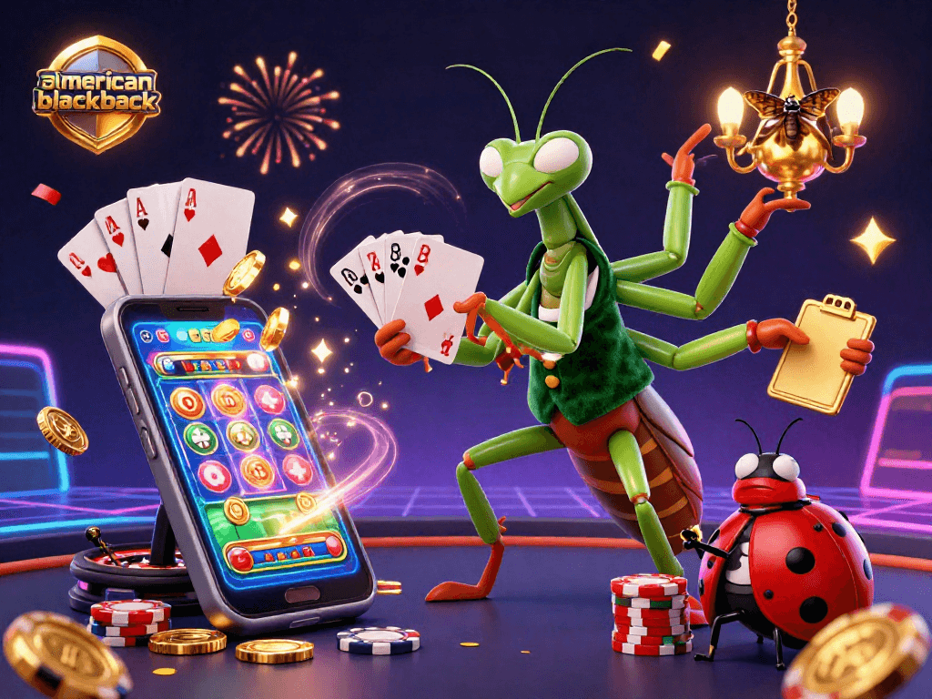 Experience the thrill of american-blackjack with a cartoon mantis card sharp and celebratory casino elements.