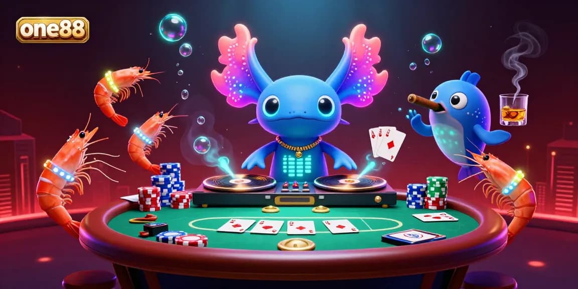 Experience the thrill of one88 with a vibrant scene featuring a neon axolotl DJ, poker elements, and exciting underwater glow effects.