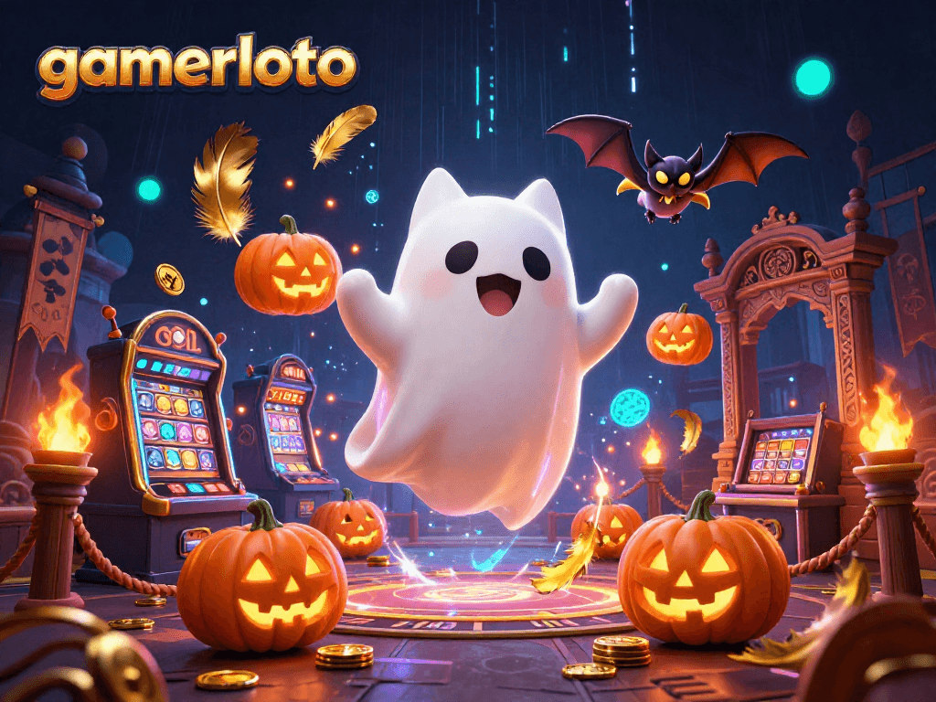 Experience gamerloto's haunted casino adventure with a ghost cat and vibrant jack-o-lanterns.