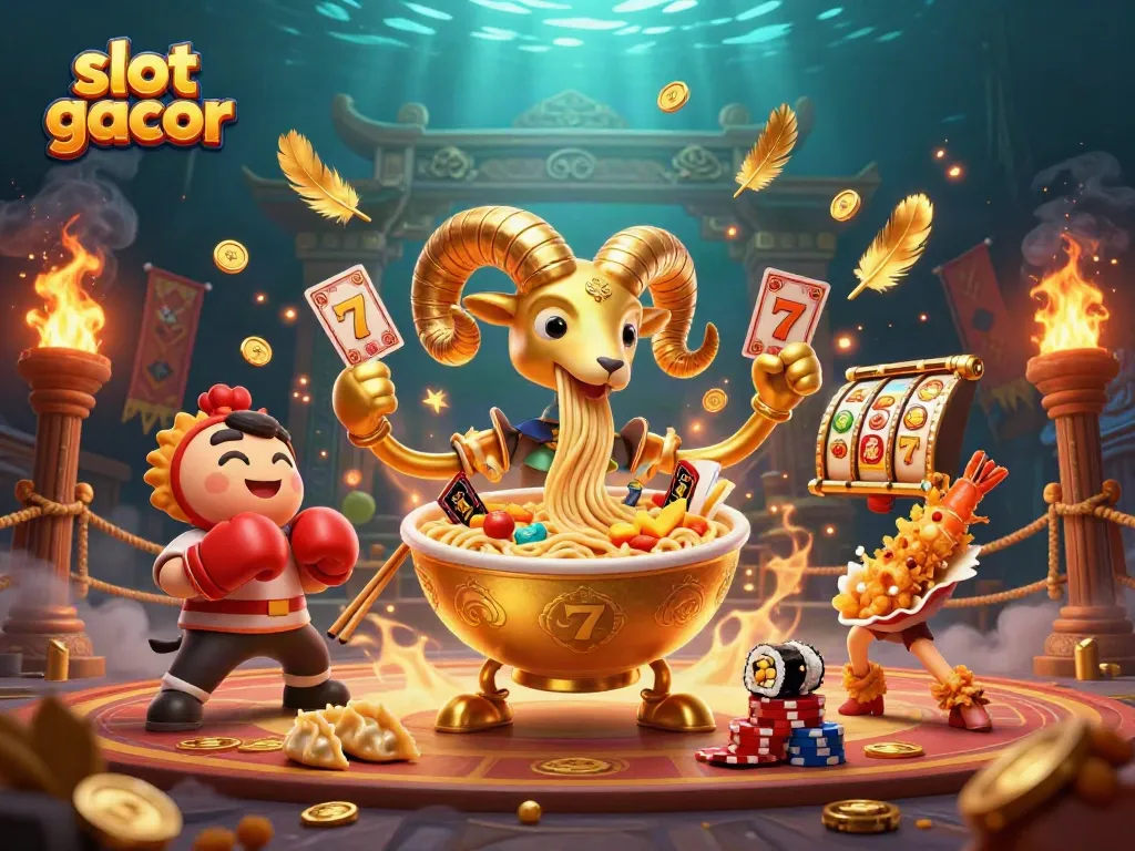 Experience thrilling slot gacor action with golden ramen bowl characters in a vibrant casino scene