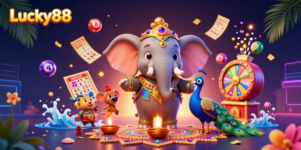 Engage with Lucky88 and experience vibrant gaming elements in a dynamic 3D casino illustration.