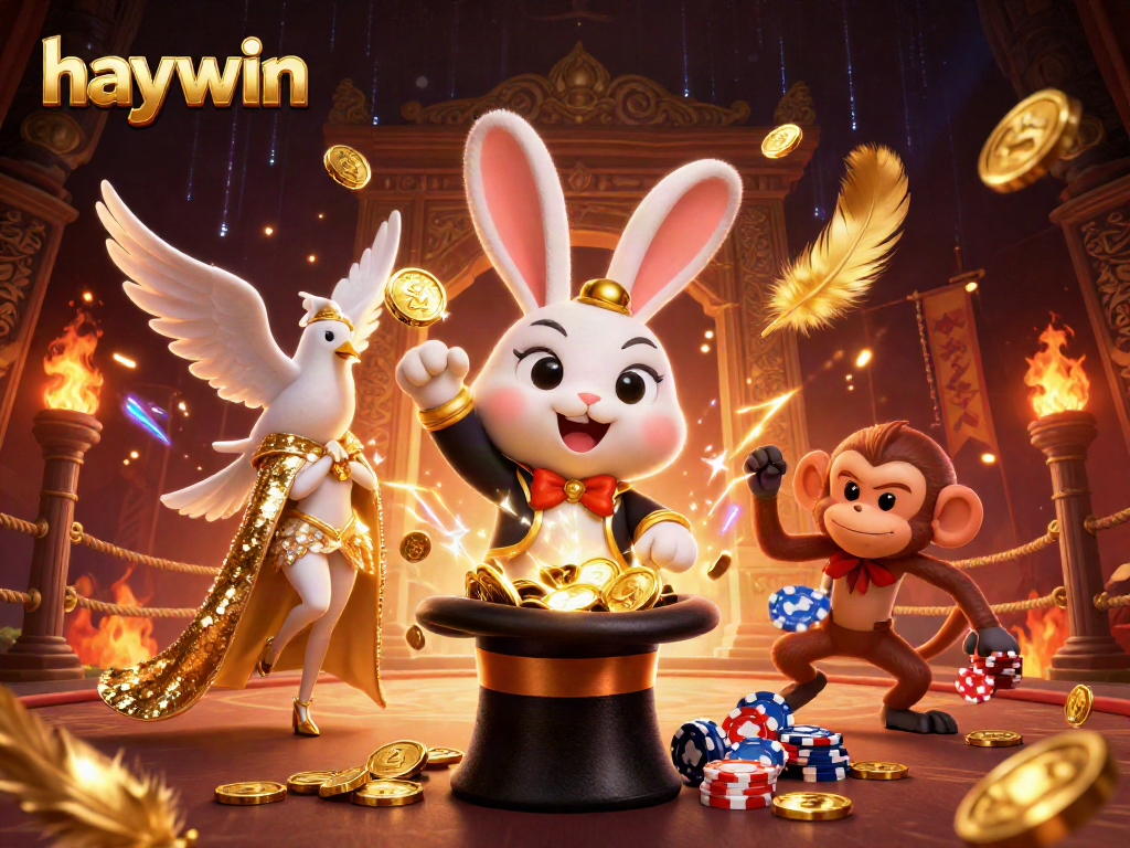 Engage with haywin's exciting gameplay featuring vibrant characters and casino elements in a dazzling scene.