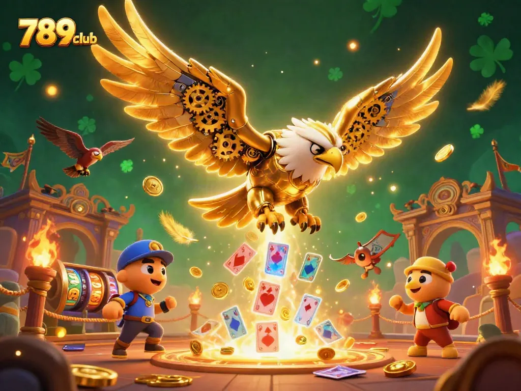 Experience thrilling gameplay with 789club, featuring an eagle battling through holographic playing cards.